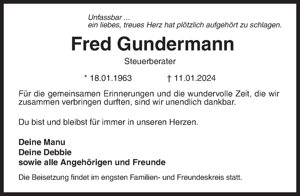  Traueranzeige für Fred Gundermann vom 03.02.2024 aus Hannoversche Allgemeine Zeitung/Neue Presse