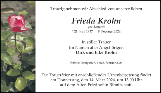 Traueranzeige von Frieda Krohn von Ostsee-Zeitung GmbH