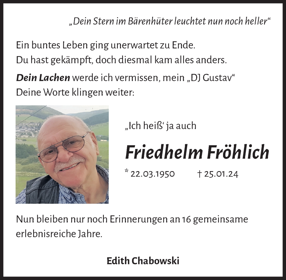  Traueranzeige für Friedhelm Fröhlich vom 03.02.2024 aus Aller Zeitung