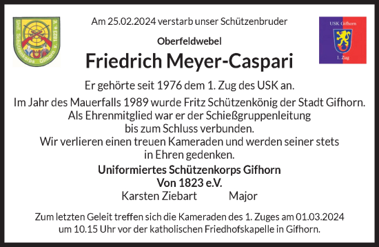 Traueranzeige von Friedrich Meyer-Caspari von Aller Zeitung