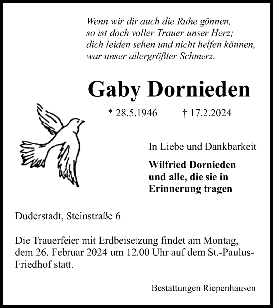 Traueranzeige von Gaby Dornieden von Eichsfelder Tageblatt
