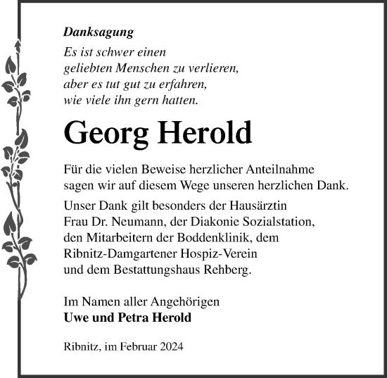 Traueranzeige von Georg Herold von Ostsee-Zeitung GmbH