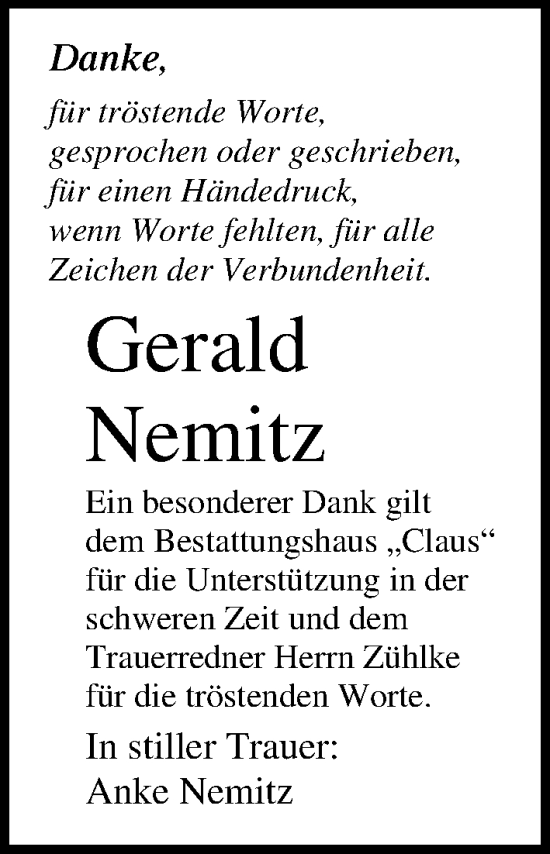 Traueranzeige von Gerald Nemitz von Ostsee-Zeitung GmbH
