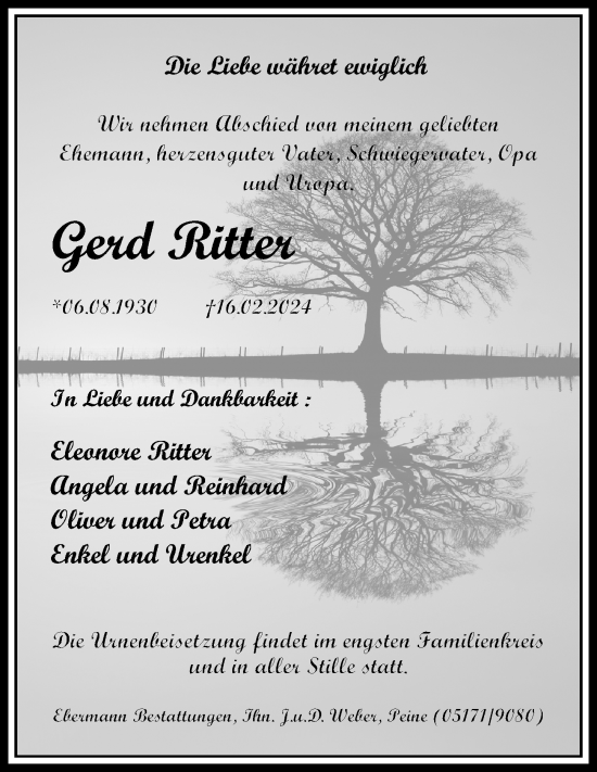 Traueranzeige von Gerd Ritter von Peiner Allgemeine Zeitung