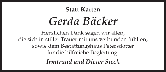 Traueranzeige von Gerda Bäcker von Kieler Nachrichten