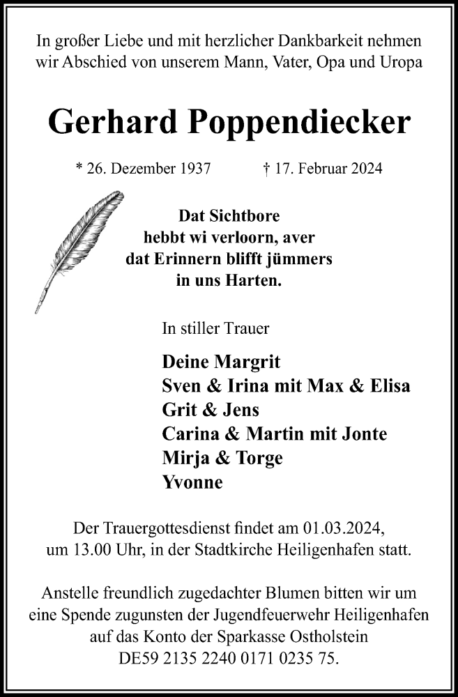  Traueranzeige für Gerhard Poppendiecker vom 23.02.2024 aus Lübecker Nachrichten