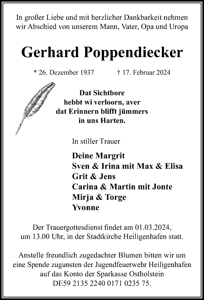  Traueranzeige für Gerhard Poppendiecker vom 23.02.2024 aus Kieler Nachrichten