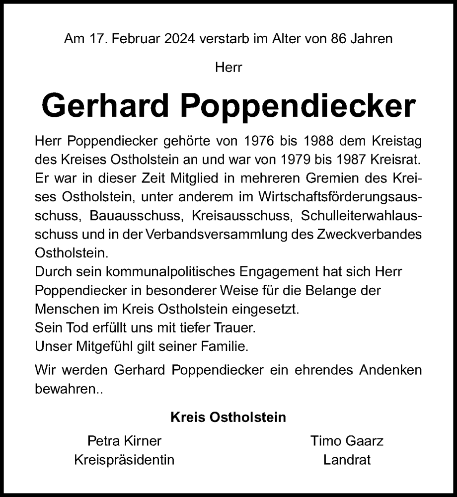  Traueranzeige für Gerhard Poppendiecker vom 24.02.2024 aus Lübecker Nachrichten