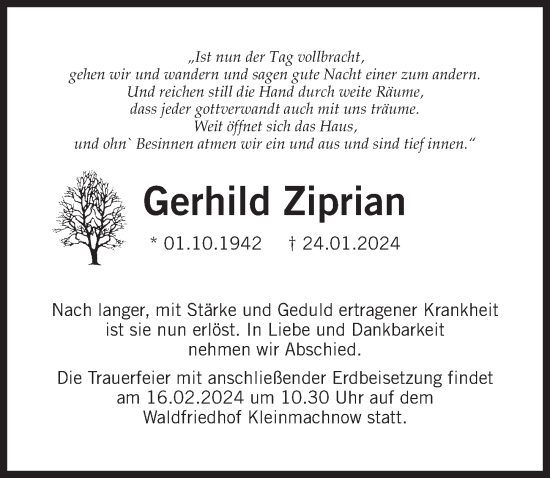 Traueranzeige von Gerhild Ziprian von Märkischen Allgemeine Zeitung