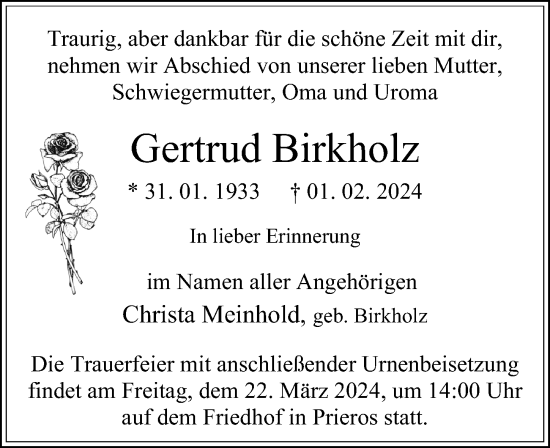 Traueranzeige von Gertrud Birkholz von Märkischen Allgemeine Zeitung
