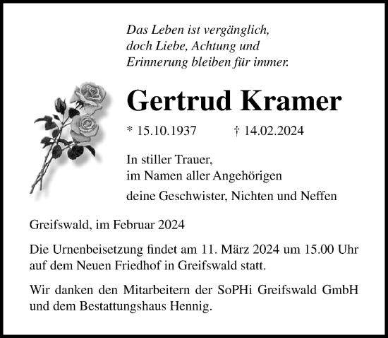 Traueranzeige von Gertrud Kramer von Ostsee-Zeitung GmbH