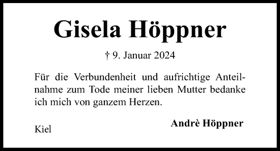 Traueranzeige von Gisela Höppner von Kieler Nachrichten