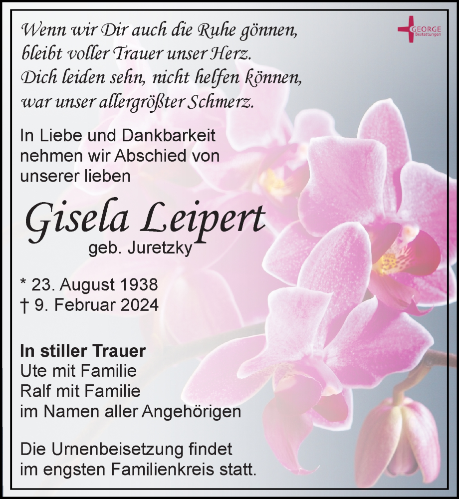  Traueranzeige für Gisela Leipert vom 24.02.2024 aus Leipziger Volkszeitung