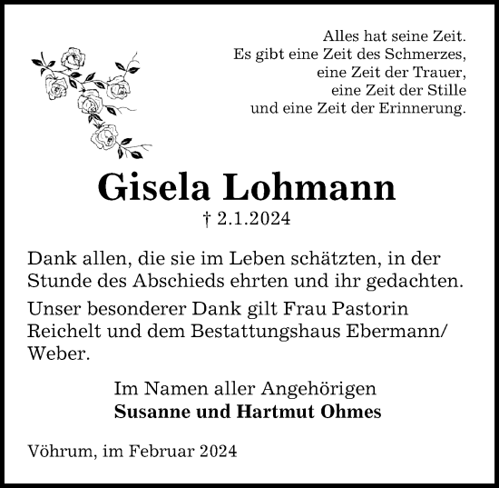 Traueranzeige von Gisela Lohmann von Peiner Allgemeine Zeitung