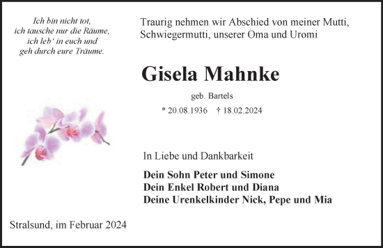 Traueranzeige von Gisela Mahnke von Ostsee-Zeitung GmbH