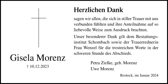 Traueranzeige von Gisela Morenz von Ostsee-Zeitung GmbH