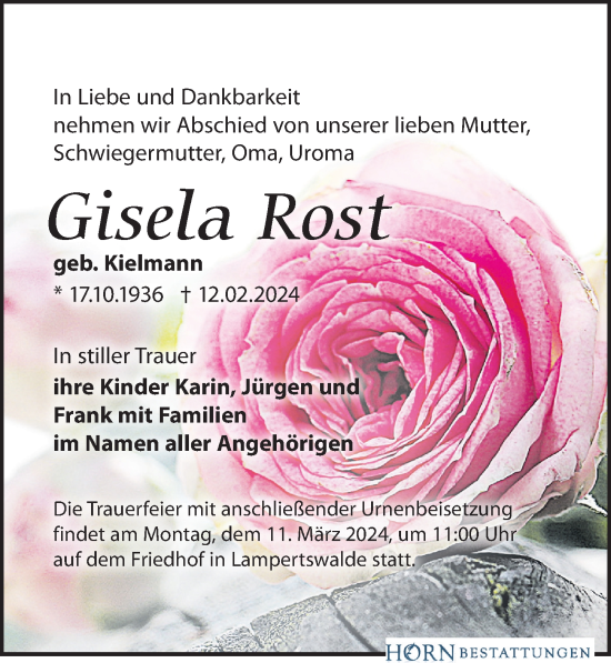 Traueranzeige von Gisela Rost von Leipziger Volkszeitung
