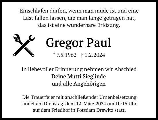 Traueranzeige von Gregor Paul von Märkischen Allgemeine Zeitung