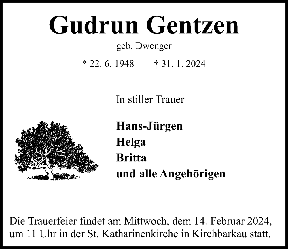  Traueranzeige für Gudrun Gentzen vom 10.02.2024 aus Kieler Nachrichten