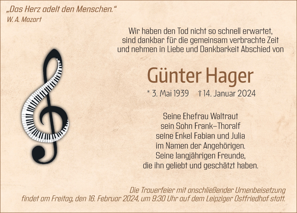  Traueranzeige für Günter Hager vom 03.02.2024 aus Leipziger Volkszeitung