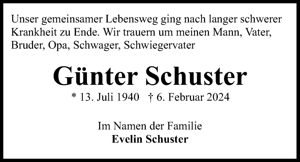  Traueranzeige für Günter Schuster vom 10.02.2024 aus Kieler Nachrichten