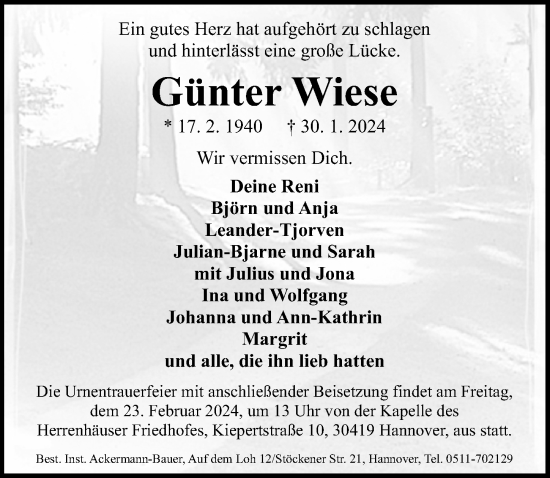 Traueranzeige von Günter Wiese von Hannoversche Allgemeine Zeitung/Neue Presse