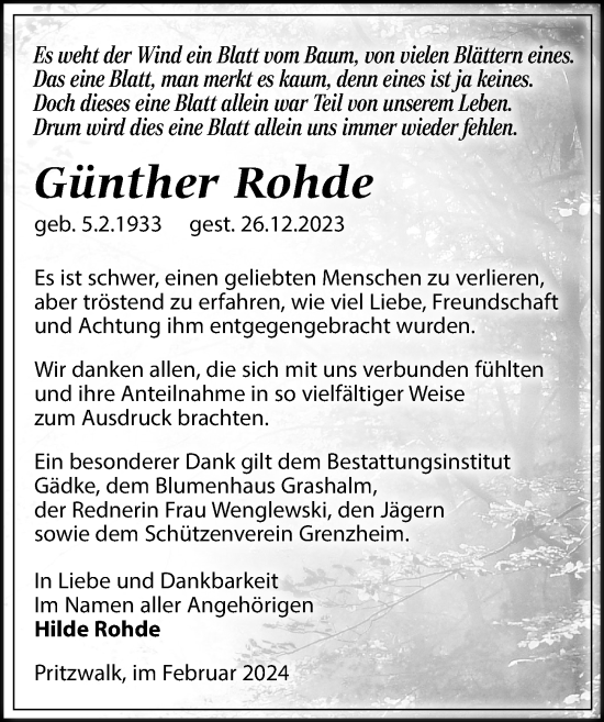 Traueranzeige von Günther Rohde von Wochenspiegel