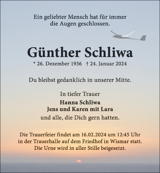Traueranzeige von Günther Schliwa von Ostsee-Zeitung GmbH