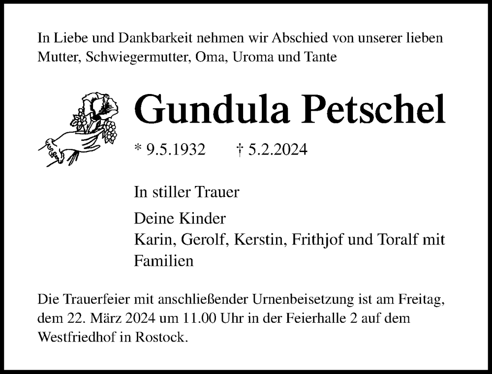  Traueranzeige für Gundula Petschel vom 10.02.2024 aus Ostsee-Zeitung GmbH