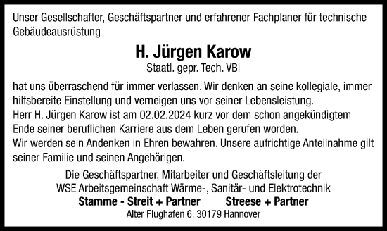 Traueranzeige von H. Jürgen Karow von Hannoversche Allgemeine Zeitung/Neue Presse