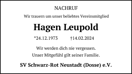 Traueranzeige von Hagen Leupold von Märkischen Allgemeine Zeitung