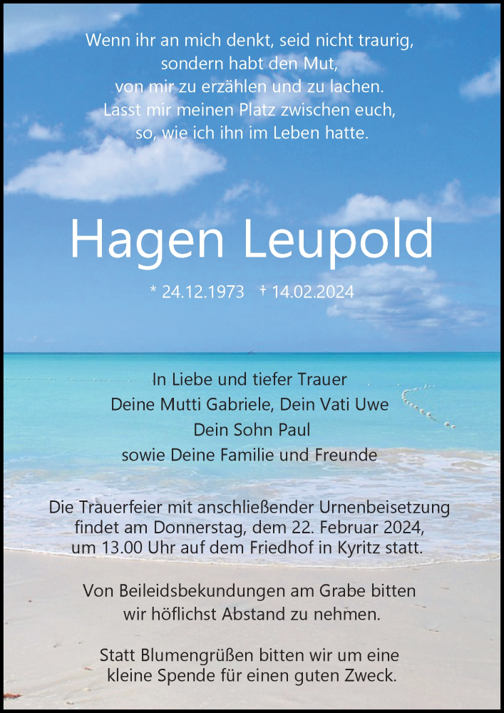  Traueranzeige für Hagen Leupold vom 17.02.2024 aus Märkischen Allgemeine Zeitung