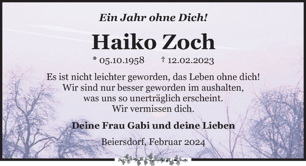 Traueranzeige für Haiko Zoch vom 12.02.2024 aus Leipziger Volkszeitung