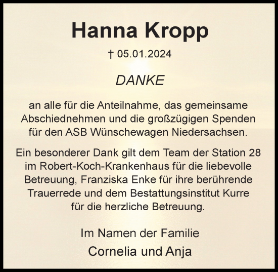 Traueranzeige von Hanna Kropp von Hannoversche Allgemeine Zeitung/Neue Presse