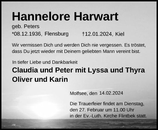 Traueranzeige von Hannelore Harwart von Kieler Nachrichten