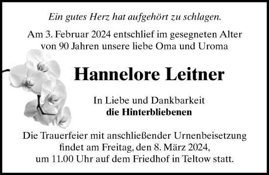 Traueranzeige von Hannelore Leitner von Märkischen Allgemeine Zeitung