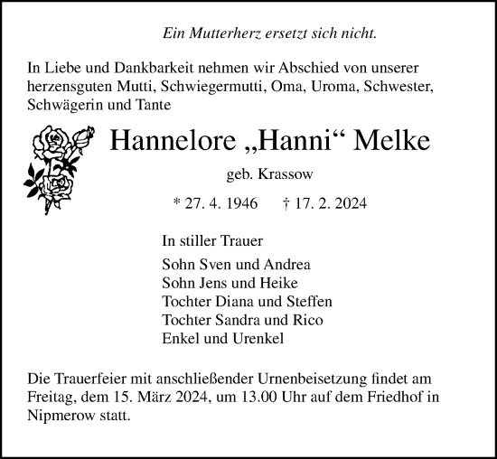 Traueranzeige von Hannelore Melke von Ostsee-Zeitung GmbH