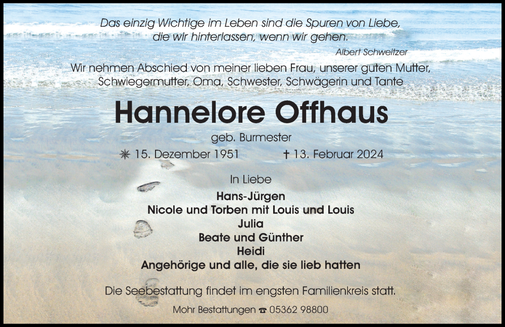  Traueranzeige für Hannelore Offhaus vom 24.02.2024 aus Aller Zeitung
