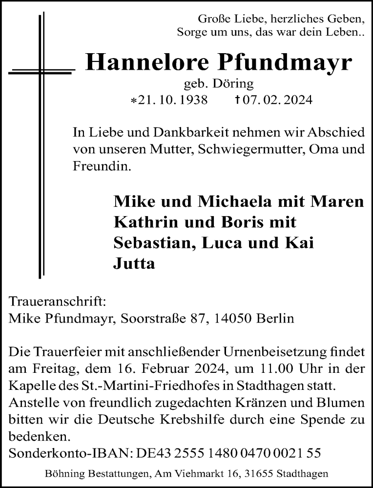  Traueranzeige für Hannelore Pfundmayr vom 10.02.2024 aus Schaumburger Nachrichten