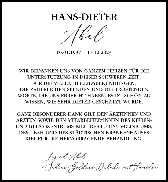 Traueranzeige von Hans-Dieter Abel von Kieler Nachrichten