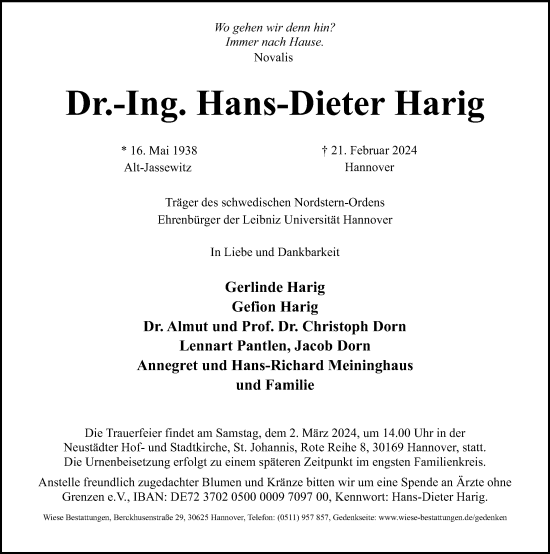 Traueranzeige von Hans-Dieter Harig von Hannoversche Allgemeine Zeitung/Neue Presse