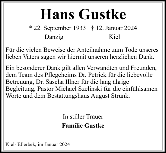 Traueranzeige von Hans Gustke von Kieler Nachrichten