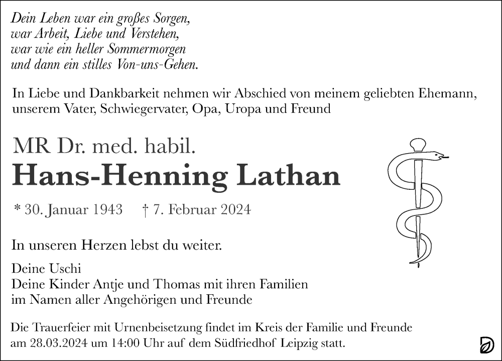  Traueranzeige für Hans-Henning Lathan vom 17.02.2024 aus Leipziger Volkszeitung