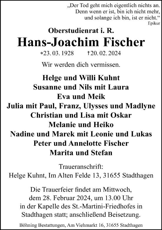 Traueranzeige von Hans-Joachim Fischer von Schaumburger Nachrichten