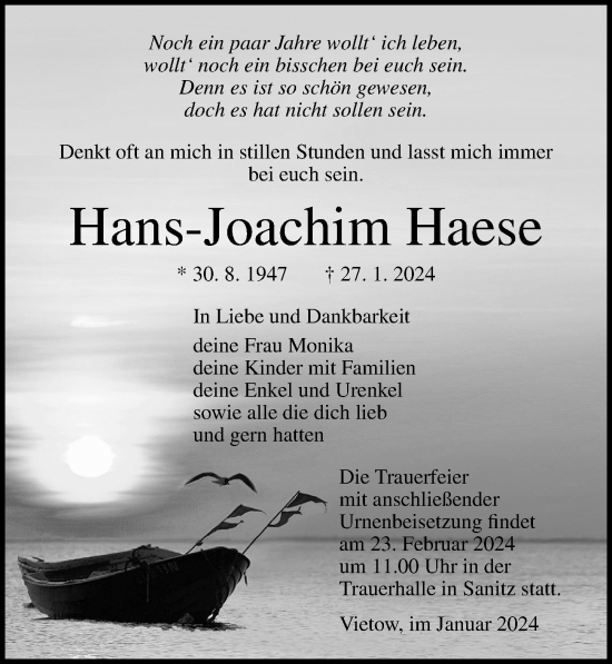 Traueranzeige von Hans-Joachim Haese von Ostsee-Zeitung GmbH