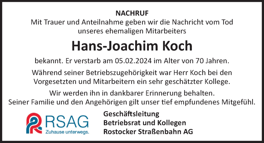 Traueranzeigen von Hans-Joachim Koch | trauer-anzeigen.de