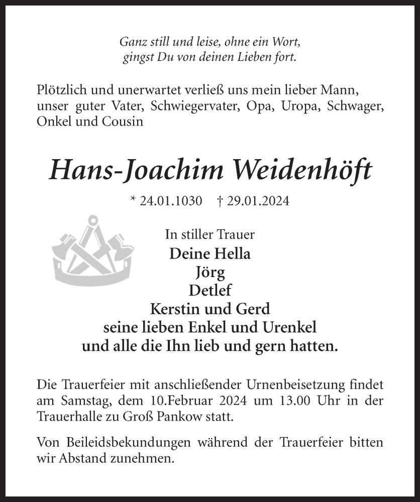  Traueranzeige für Hans-Joachim Weidenhöft vom 03.02.2024 aus Wochenspiegel