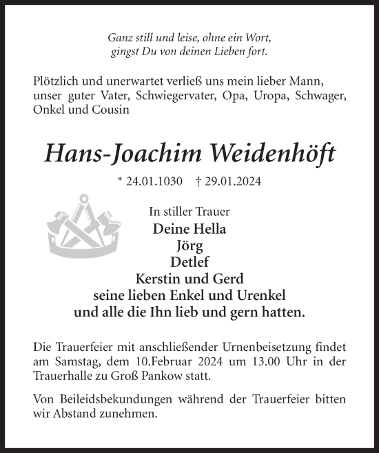 Traueranzeigen Von Hans Joachim Weidenh Ft Trauer Anzeigen De