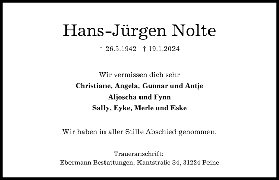 Traueranzeige von Hans-Jürgen Nolte von Peiner Allgemeine Zeitung