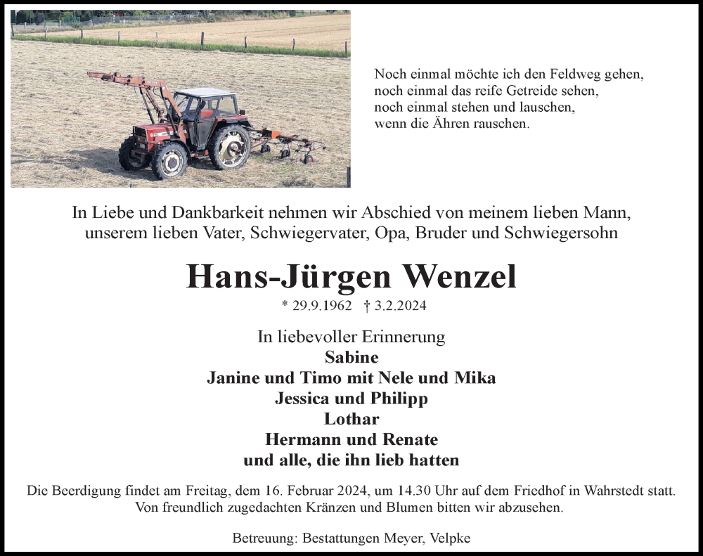  Traueranzeige für Hans-Jürgen Wenzel vom 10.02.2024 aus Aller Zeitung
